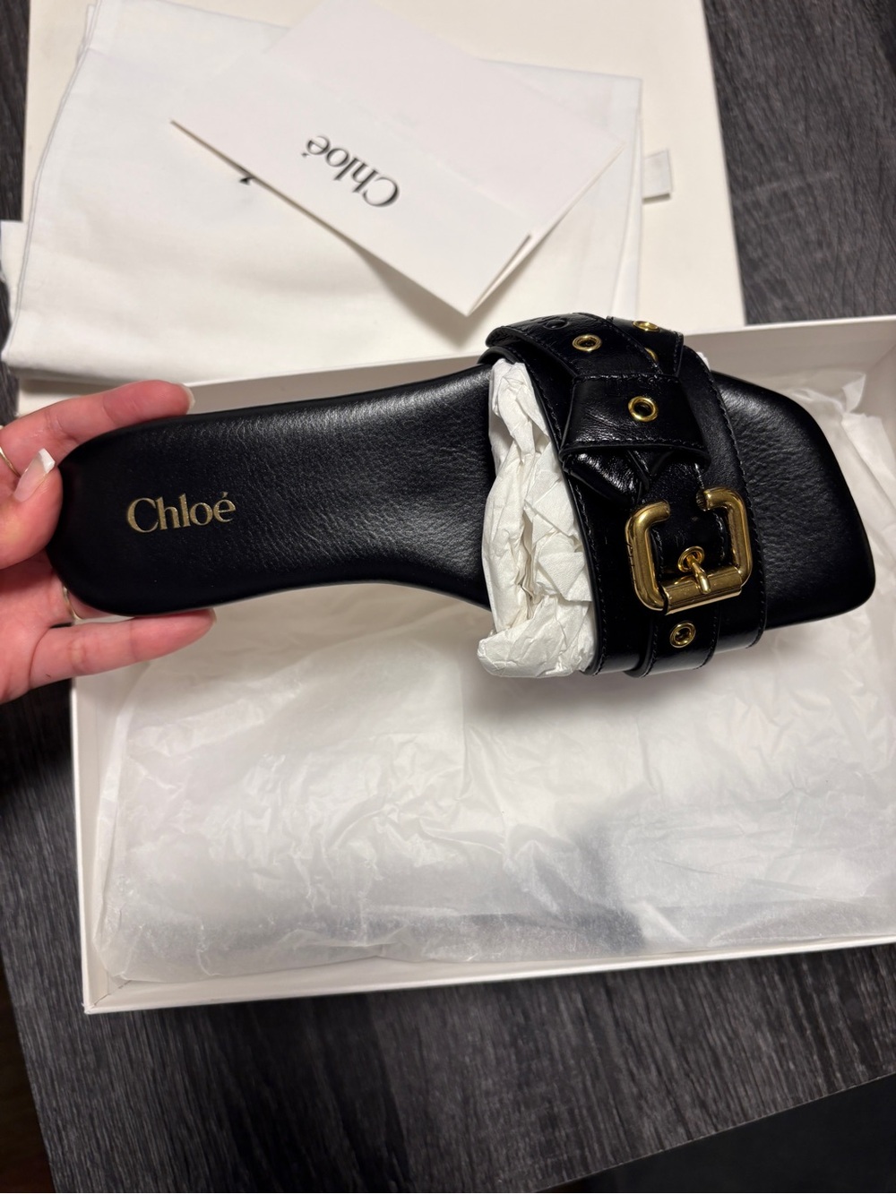 Chloé Black Leather Quilted Slide with Gold Buckle